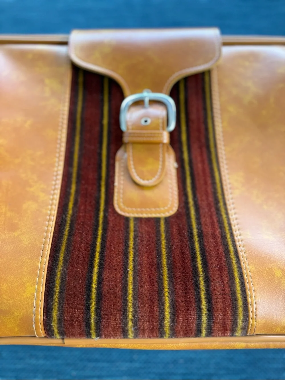 Vintage Men's Travel Suitcase Luggage in Cognac Brown Carpet Panel Accent